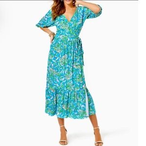 Lilly Pulitzer Brantley Midi Wrap‎ Dress Tier Puff Sleeve Blue Green Floral XS